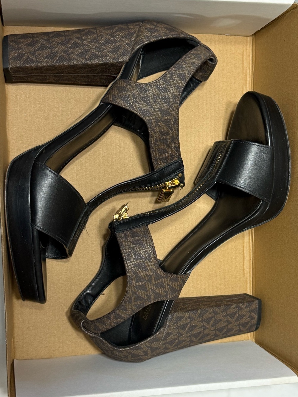 Michael Kors Black & Brown Platform Block Heel Sandals with Gold Zipper